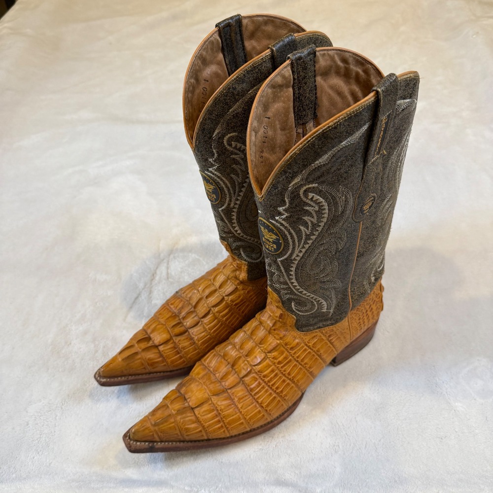 El General Mens Caiman Crocodile Tail Western Boots Honey Brown Pointed Toe 11
